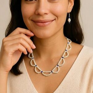 Elegant Pearl and Blue Bead Necklace and Earring Set